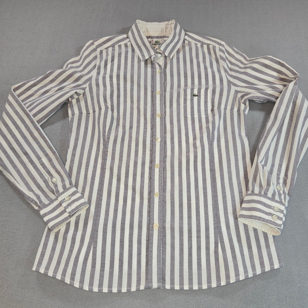 Lacoste Button Down Shirt Womens 40 Grey White Striped Long Sleeve Logo France - Picture 2 of 6